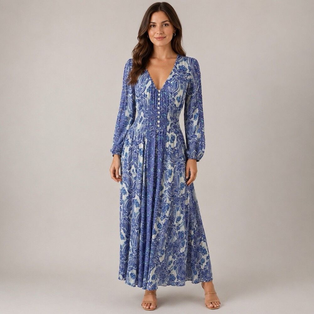 Z&L Boho Paisley Maxi Dress Small Smocked Waist Button Front Purple Green Resort